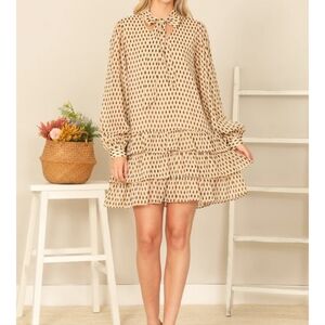 RIBBON NECK LONG PUFF SLEEVE RUFFLE LAYERED HEM PRINTED DRESS